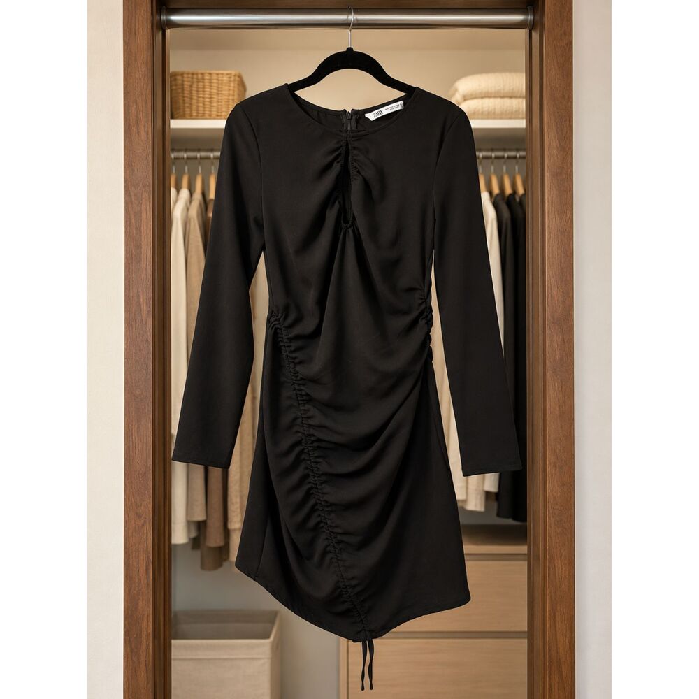 ZARA Black Ruched Long Sleeve Mini Dress | Size S